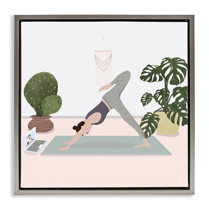 «Yoga Stretches with Plants», art mural sur toile par Lydia Orange, H 25 po x l 25 po, Cadre flottant gris lustré