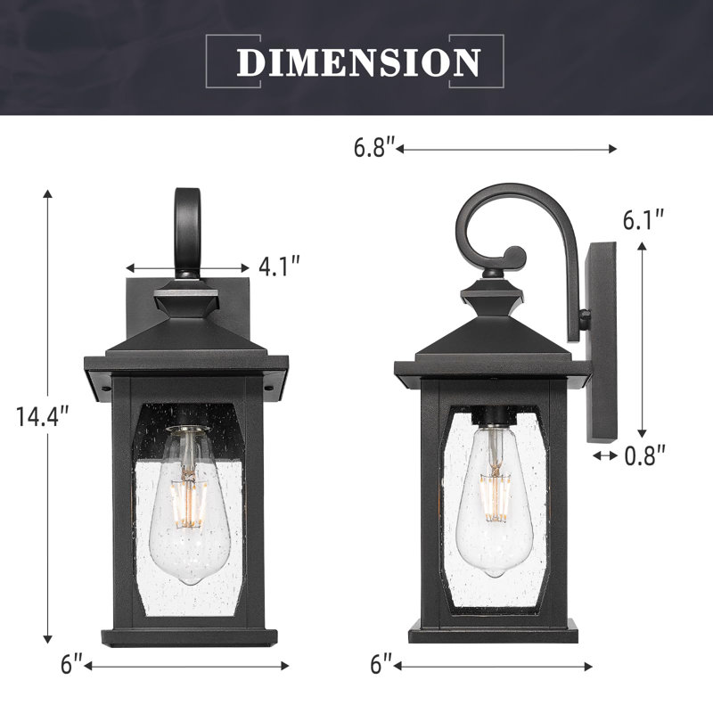 Modern Farmhouse Outdoor Wall Lantern With Seeded Glass, Matte Black Finish, 14.4" H x 6" W x 6.8" D