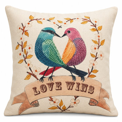 Love Wins-Lovebirds In A Leaf Wreath Pillow