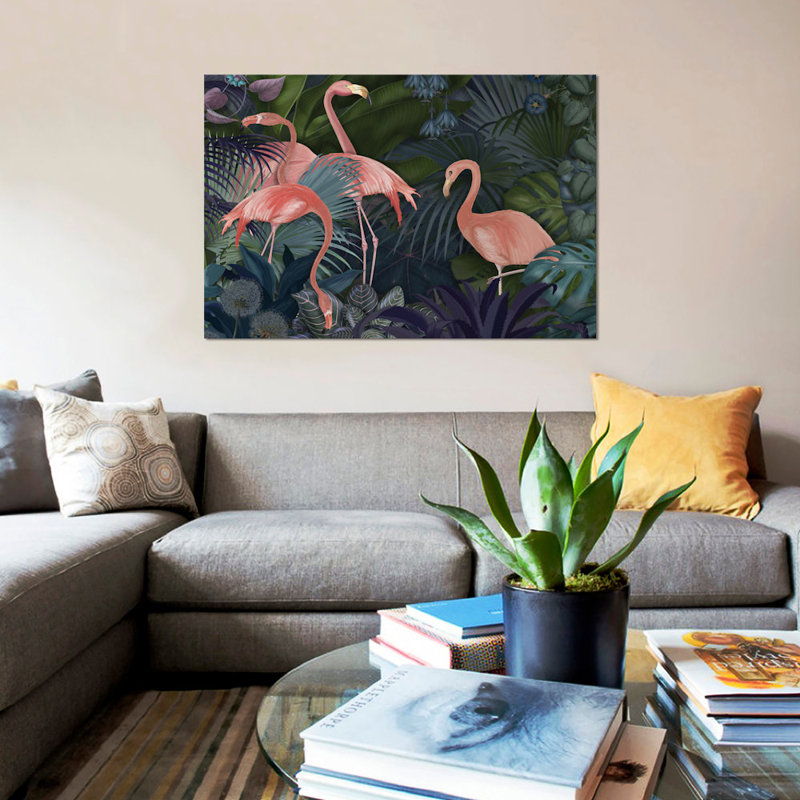 «Flamants dans un jardin II», impression sur toile, H 8 po x l 12 po x P 0,75 po, Toile tendue, Pas de tapis