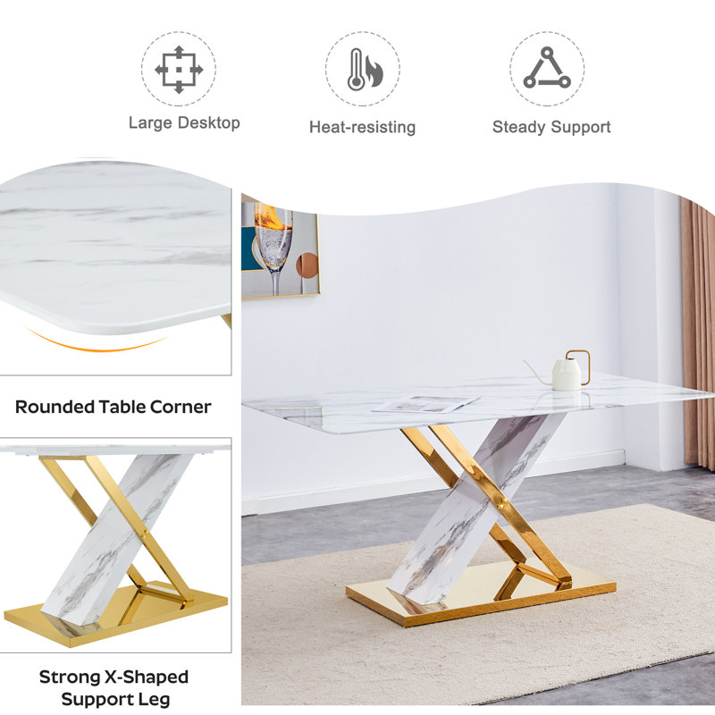 7 - Piece Luxury Kitchen Dining Table Set with Gold X-Base, White, White/Gold, Green/Gold
