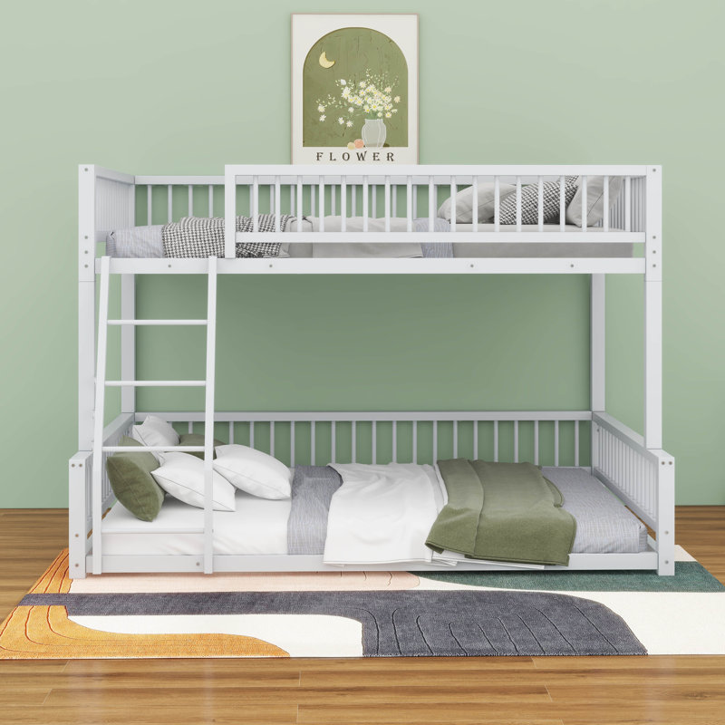 Full XL Over Queen Bunk Beds, Bunk Bed Frame With Ladder & Guardrails, White