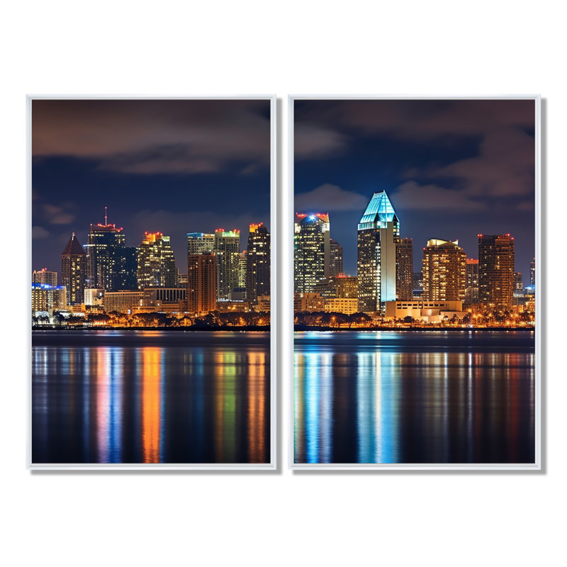 «Montreal Skyline At Night» - art mural traditionnel 2 panneaux, 36" H x 48" W, Impression encadrée flottante, White