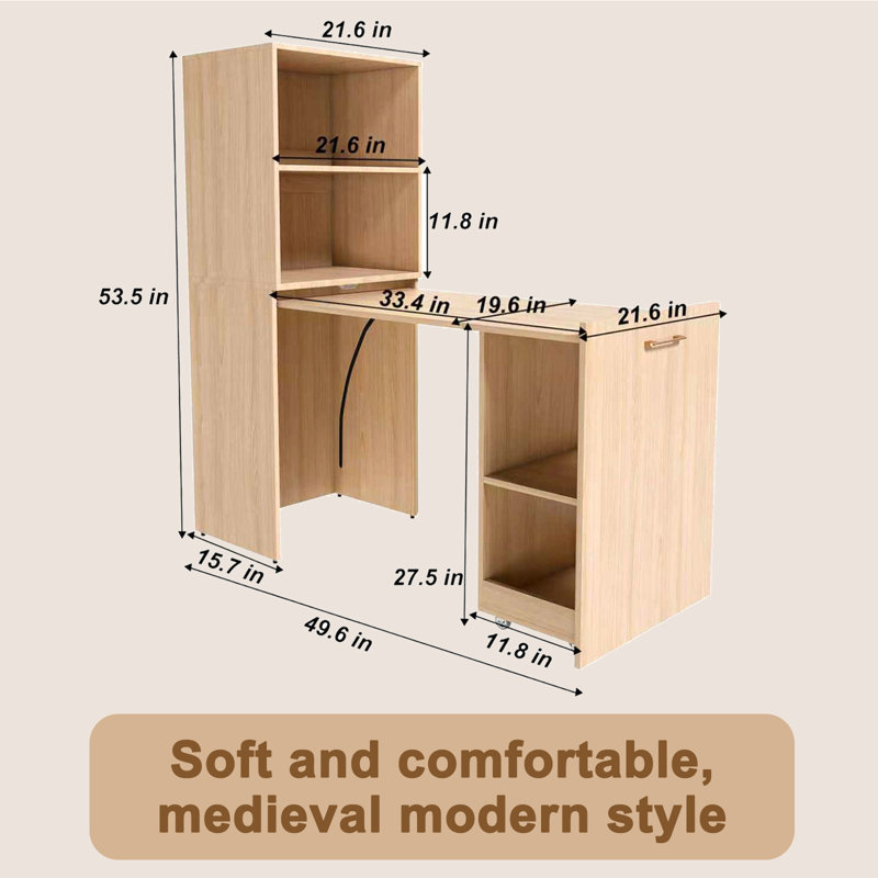 Bureau mobile extensible et pliable avec tablettes de rangement | Bureau extensible peu encombrant avec roulettes verrouillables pour petit appartement
