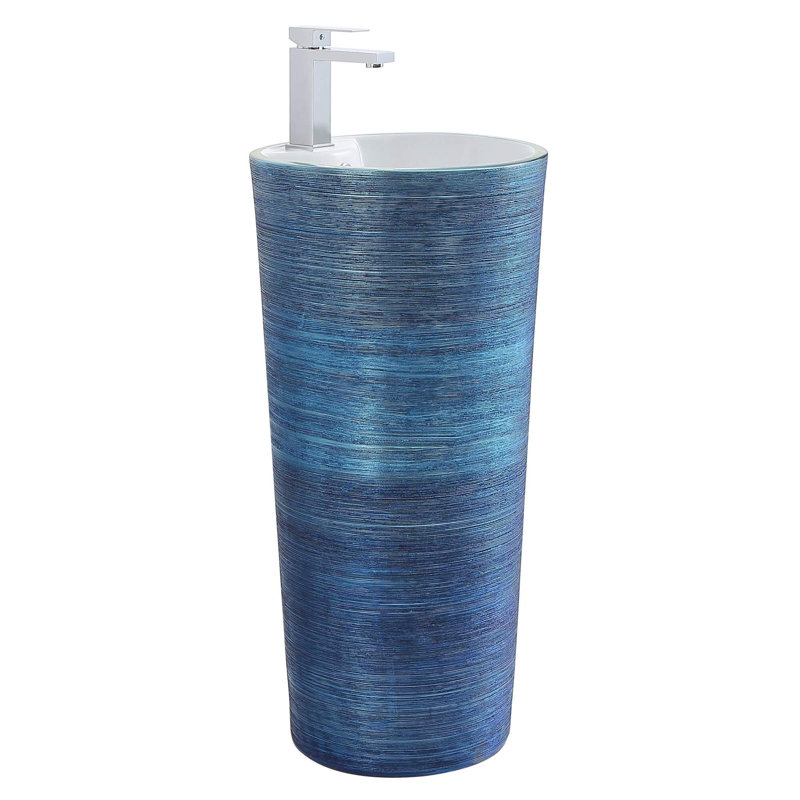 Vitreous China Pedestal Bathroom Sink with Overflow, Brushed Blue
