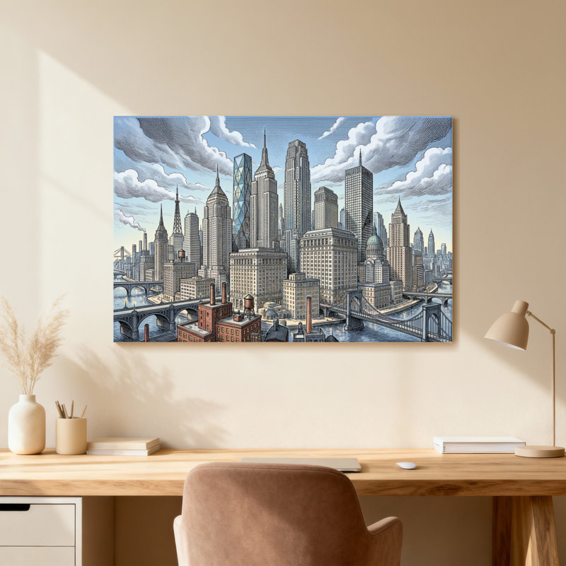 Paysage urbain, horizon, bâtiments, nuages, pont, rivière, architecture, H 12 po x l 18 po, Toile tendue, Ne s’applique pas