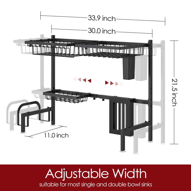 Adjustable Over-the-Sink Stainless Steel Dish Drying Rack, Large-Capacity Kitchen Organizer, Black
