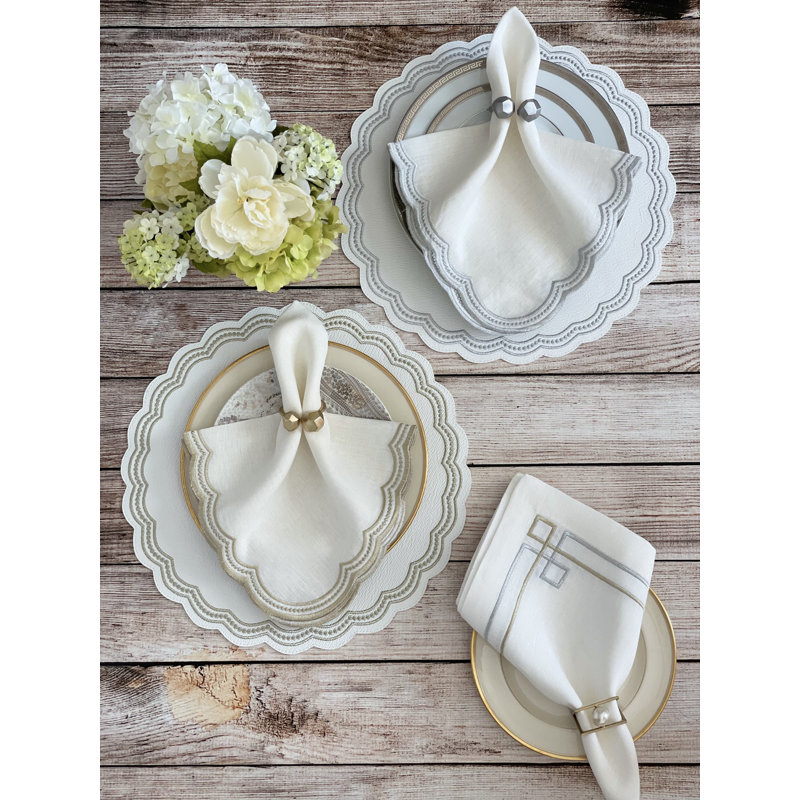 Link Embroidered Linen Napkin, White/Gold/Silver