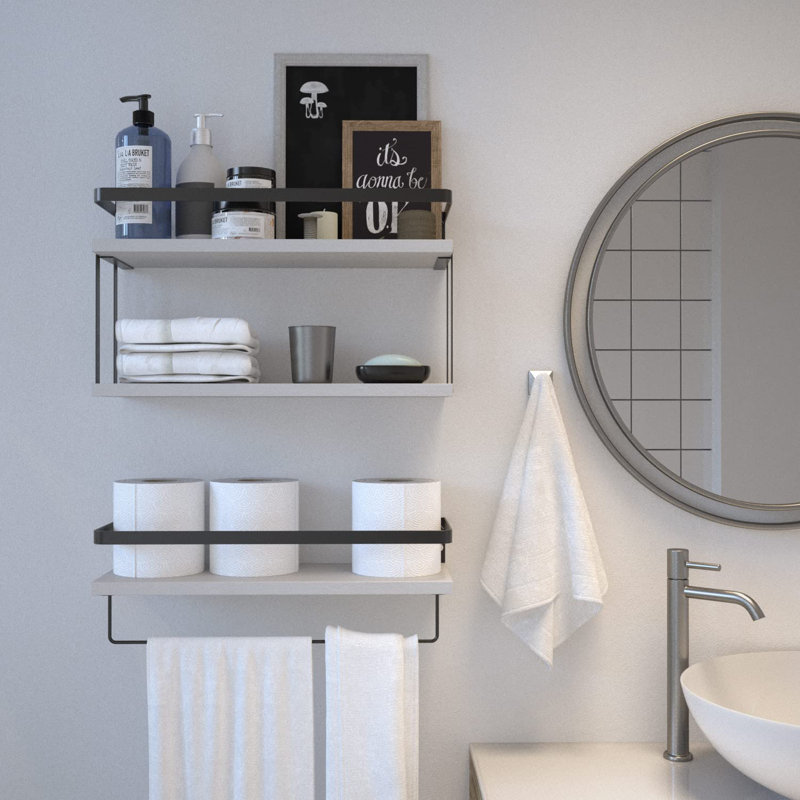 2+1 Tier Wall Mounted Floating Shelves Set Of 2, Rustic Wood Wall Shelf With Metal Frame, Extra Storage Rack With Tissue Rack & Towel Bar, White