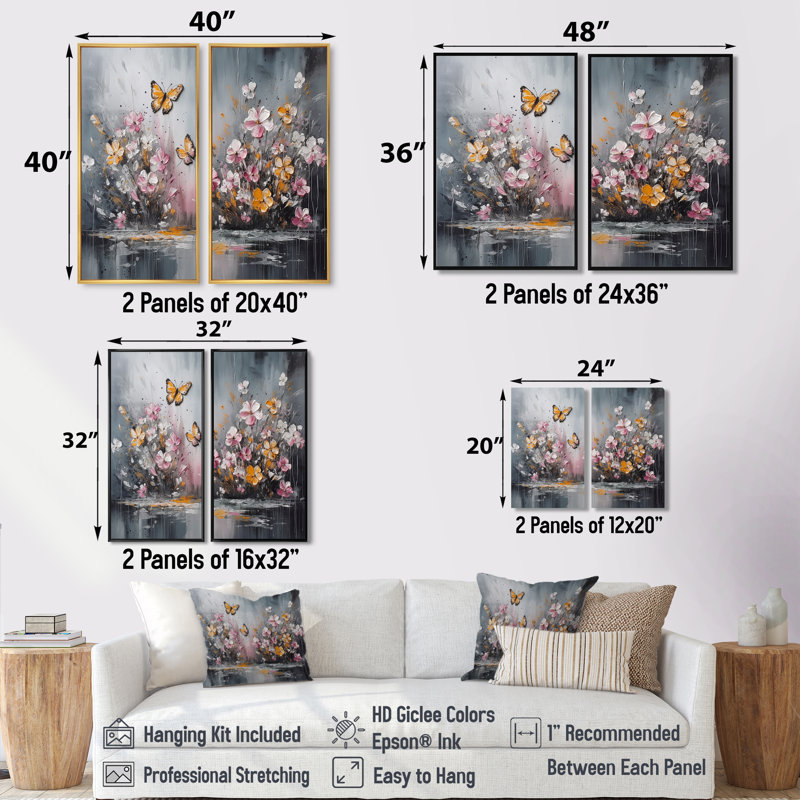 Fleurs avec papillons blancs II - Décoration murale traditionnelle 2 panneaux, 40'' H x 40'' W, Impression encadrée flottante