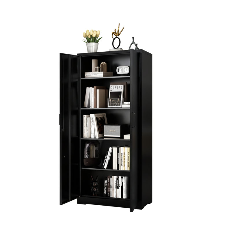Armoire de 71 po en métal avec portes verrouillables, 4 tablettes réglables, pour le garage, le bureau, la buanderie, les portes de rangement noires et sécurisées noires, la structure résistante à la rouille