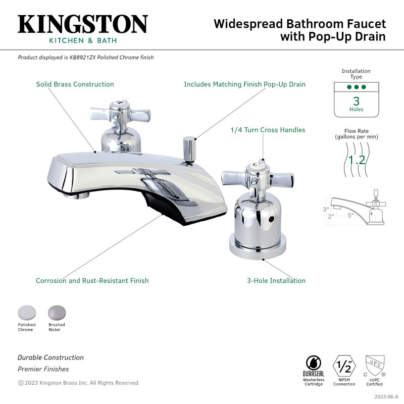 Robinet de salle de bain espacé Kingston, Chrome poli