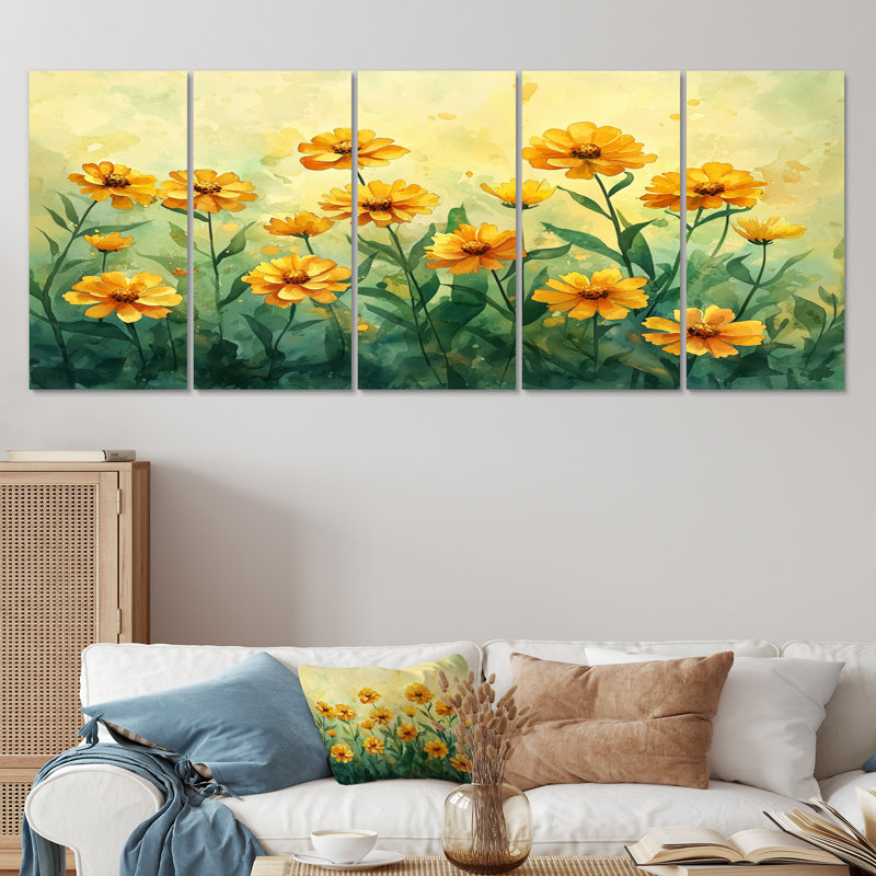 Été Zinnias ensoleillé pétales II - Zinnias Wall Decor - Art mural traditionnel 5 pièces, H 28 po x l 60 po