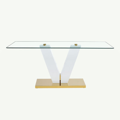 Large Modern Minimalist Rectangular Glass Dining Table For 4-8 People With 0.39" Tempered Glass Tabletop And MDF Slab V Shaped Bracket,For Kitchen Dining Living Meeting Room Banquet Hall F-V