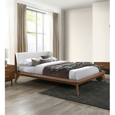 Noyer / beige couleur lit 1pc tissu bord ailé tête de lit plateforme de lit prêt pour le matelas style Mid-Century moderne