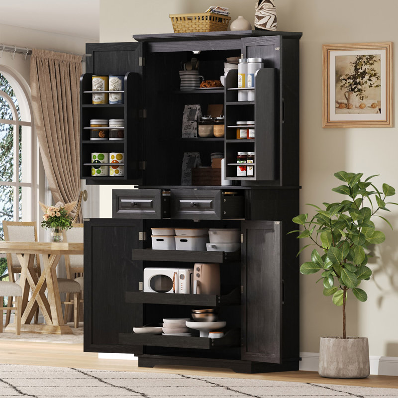 Armoire de cuisine de 71 po de hauteur avec 6 tablettes de porte et 2 tiroirs, Noir