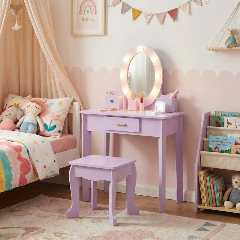 Ensemble coiffeuse en bois avec miroir lumineux et tabouret - Coiffeuse à DEL