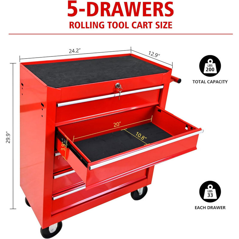 5-Drawer Tool Chest with 7 Organizer Trays & Wheels, Rolling Tool Cart for Garage Workshop, Red