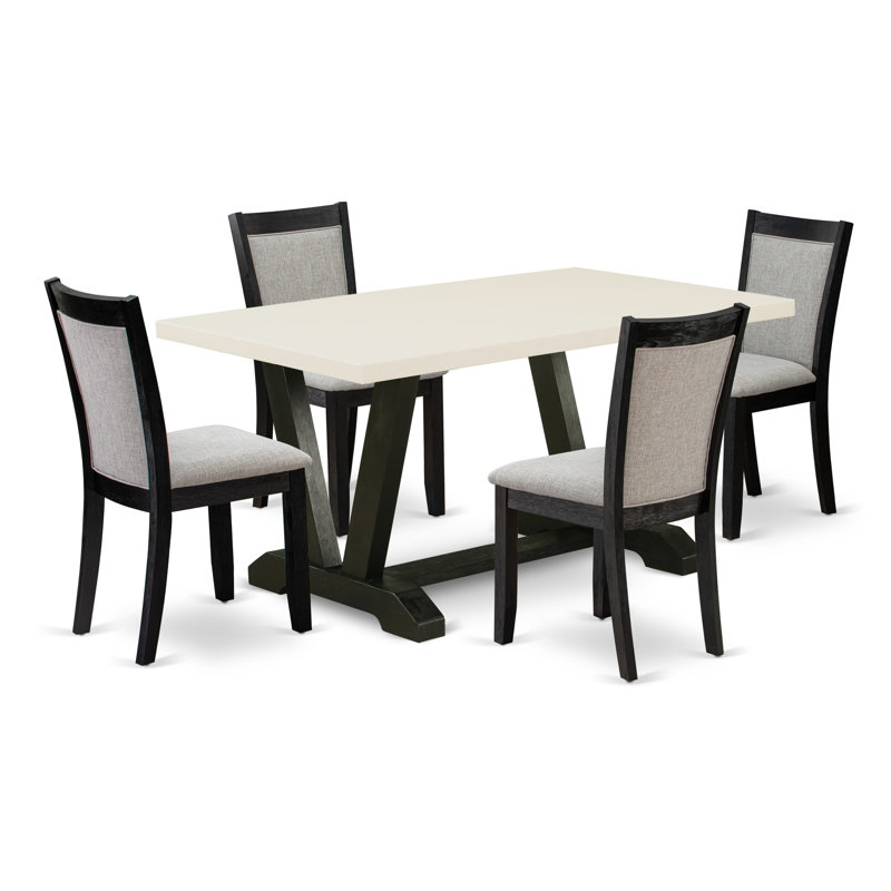 Cet ensemble de salle à manger 5 pièces comprend une table de salle à manger rectangulaire avec pieds en V et 4 chaises Parson revêtues de lin Shitake