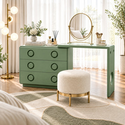 Coiffeuse extensible moderne vert mat de 53,2" à 57,1" avec 3 tiroirs