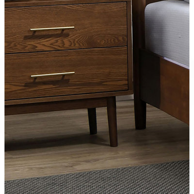 Walnut Color 3pc Bedroom Set Queen Size Bed 2x Nightstands Beige Upholstered Fabric Panel Headboard Mid-Century Modern Style