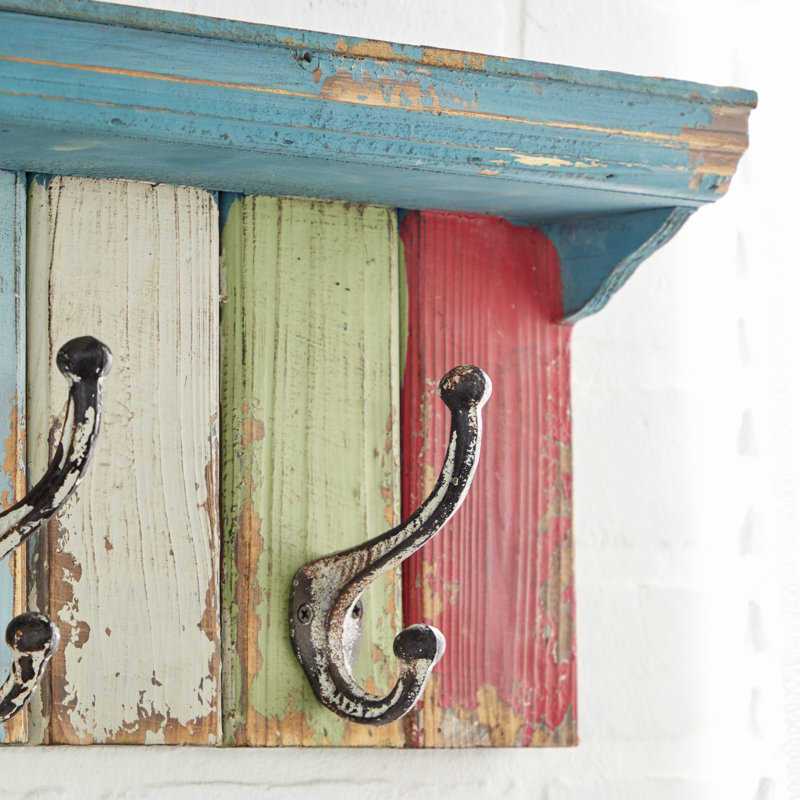 Portemanteaux en bois multicolore à fixation murale avec cinq crochets Peterkin