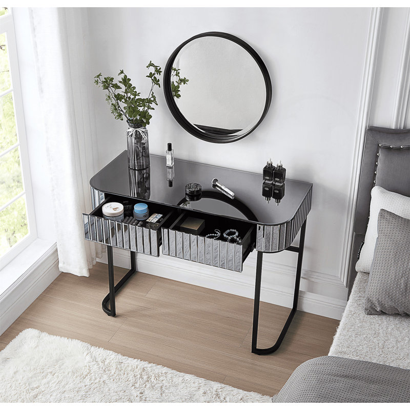 39" Mirrored Makeup Vanity Table With Stainless Steel Base, Mirrored Console Dressing Table With 2 Drawers,Versatile Desk For Bedroom And Office