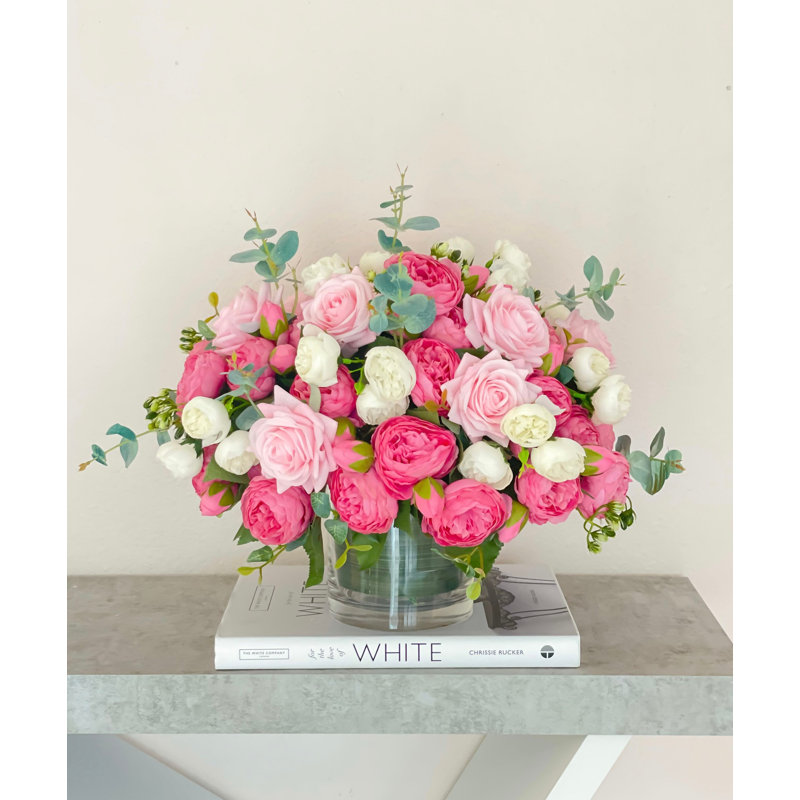 17 Inch Large Pink Real Touch Rose and Peony Centerpiece in Clear Glass Vase, Faux Floral Arrangement with Eucalyptus, Dining Table and Wedding Centerpiece