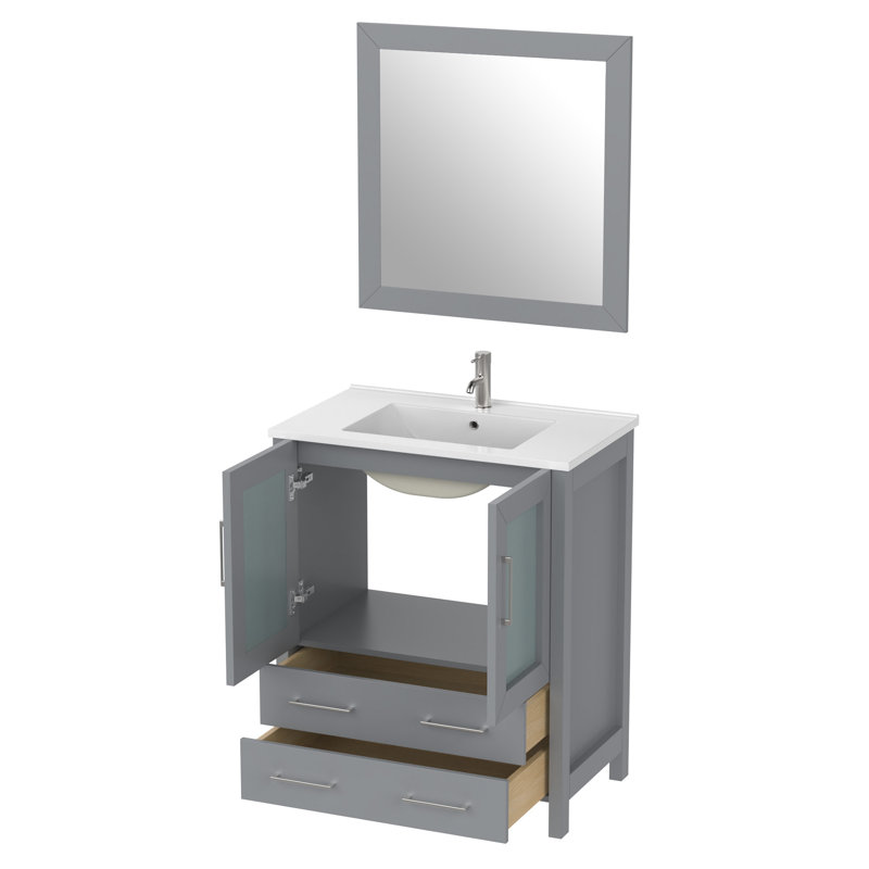 Brescia 30" Single Sink Freestanding Bathroom Vanity with Ceramic Top and Matching Mirror, Gray