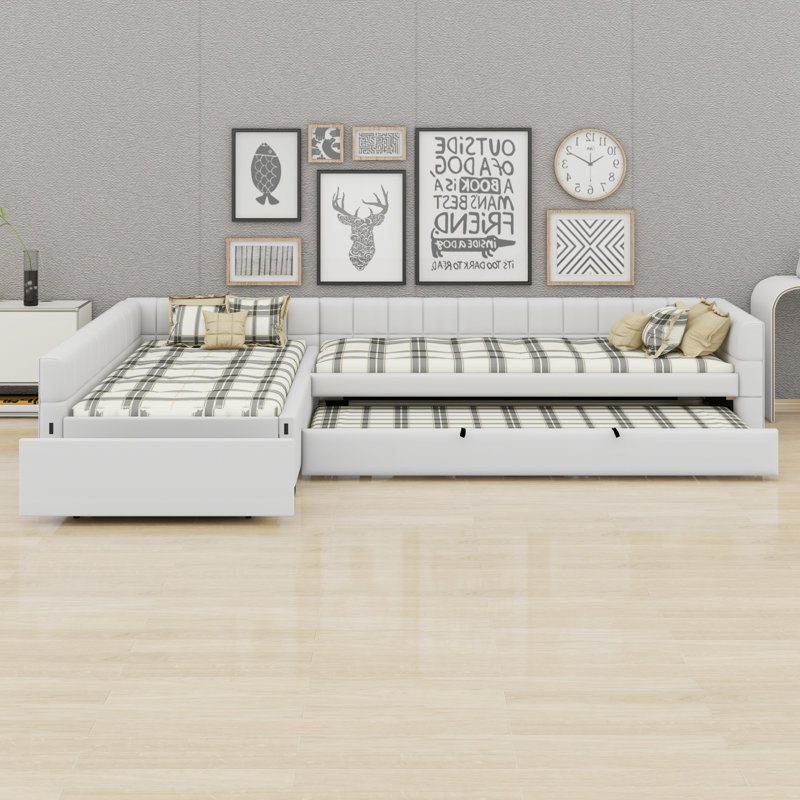 Upholstered L Shape Daybed Double with Pull Out Trundle & Drawer, Beige