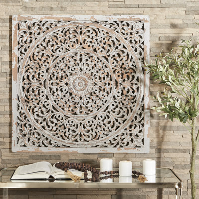 Wooden Handmade Carved Scroll Mandala Floral Home Wall Decor with Brown Distressing
