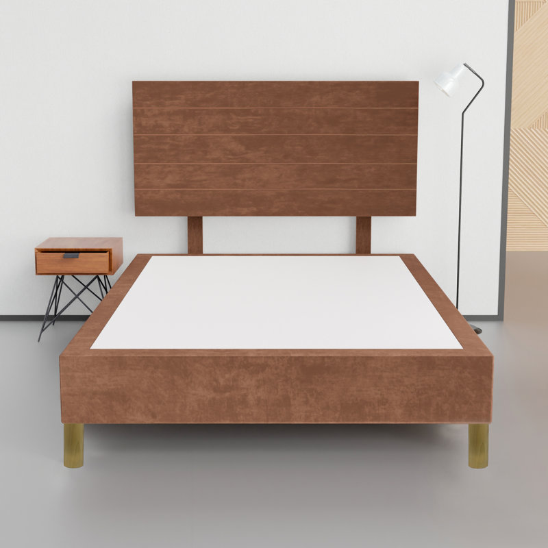 15" Premium Velvet Material Box Spring/Bed Frame With Headboard, Durable & Stylish Wooden Legs, Twin, Beige
