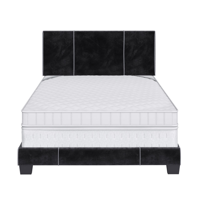 Lucena Black Velvet Upholstered Queen Platform Bed with Headboard