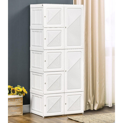 Portable Wardrobe Closet, Folding Bedroom Armoire, Clothes Storage Organizer with 8 Cube Compartments, Hanging Rod, Magnet Doors, White
