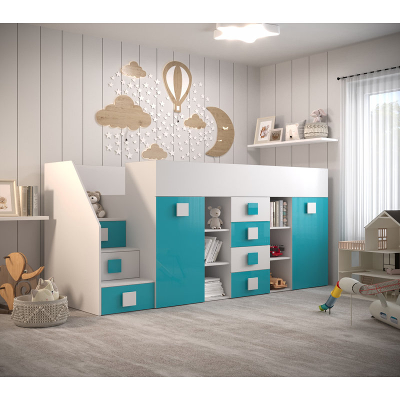 Goyette European Single (90 X 200 Cm) Loft Bed with Storage Included, Turquoise