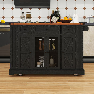 Kitchen Island with Drop Leaf, 3 Drawers, 5 Open Side Racks, Charging Station and Cabinet by Latitude Run