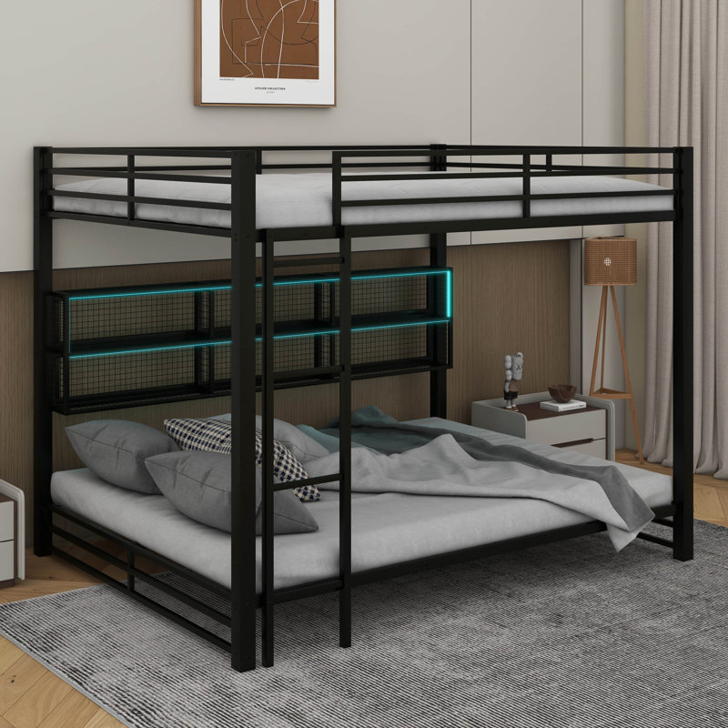 Metal Queen Over Queen Bunk Bed With Storage Cabinets And LED