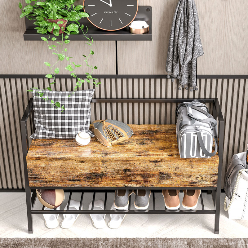Banc de rangement industriel pour chaussures avec tablettes à 2 niveaux, tabouret avec espace de rangement caché, pour l'entrée 