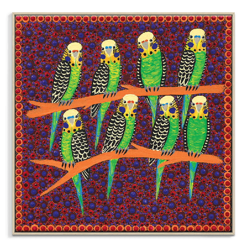 Budgies by Kathleen Buzzacott - Print on Canvas, Brown Framed, 61cm H x 61cm W x 5cm D
