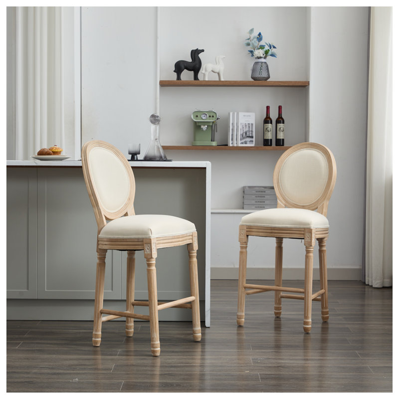 Ensemble de 2 tabourets de bar French Country, chaises de comptoir en bois massif avec siège rembourré beige et dossier ovale