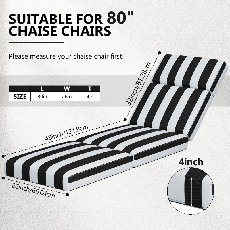 80 X 26 X 4 Inch 4 Pcs Chaise Lounge Cushions Outdoor, Black Striped