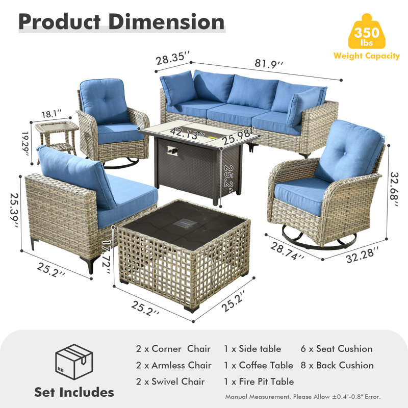6 Seats High Quality Pe Rattan Outdoor Furniture Sofa With Rocking Chair And Stove, Can Be Freely Combined, Blue