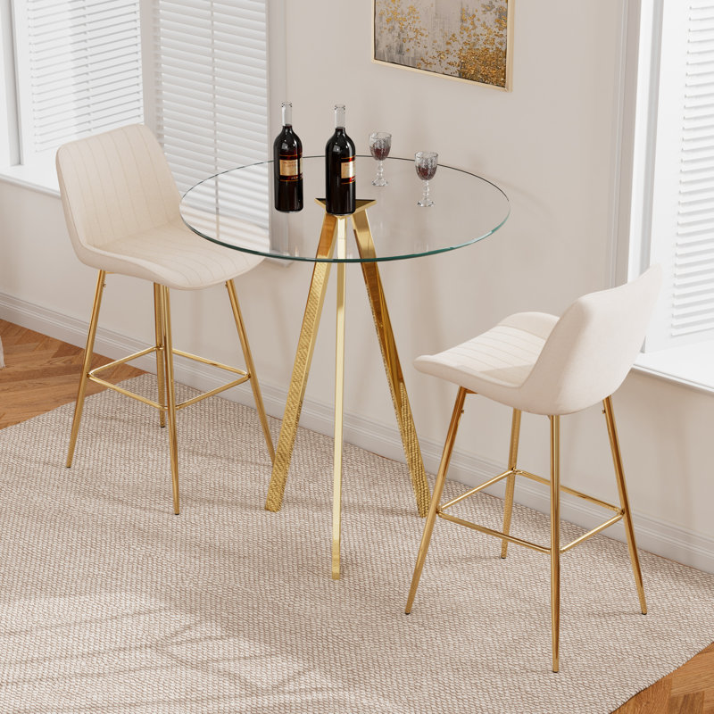 Ensemble de salle à manger 3 pièces avec tabouret de bar et tabouret de bar en velours (ensemble de 3), Crème / or