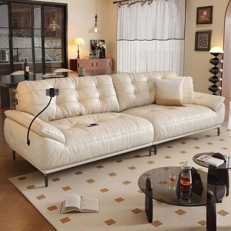 Black Genuine Leather Modular Sofa cushion couch, H 35,43 po x l 98,43 po x P 39,37 po, Blanc