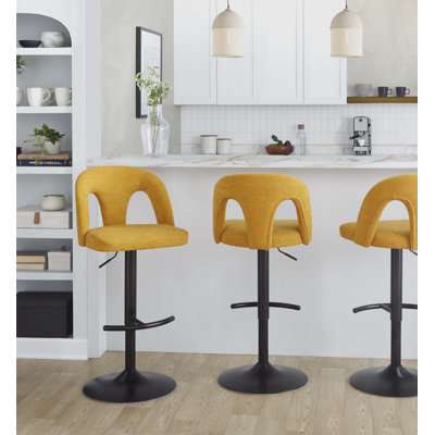 Adjustable Height Swivel Barstool With Rounded T Footrest And Yellow Fabric Seat For Ergonomic Indoor Seating.