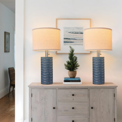 Modern Ceramic Table Lamps, Farmhouse Table Lamp For Living Room Office Dorm, Set Of 2, (Dark Blue)