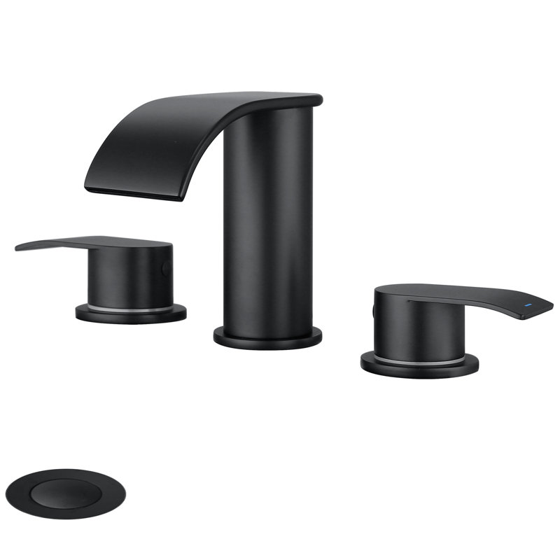 8 in. Widespread Double Handle Waterfall Bathroom Sink Faucet with Pop Up Drain, Matte Black