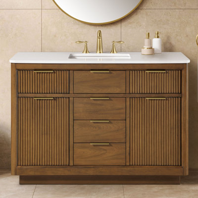OVE Decors Meuble-lavabo simple autoportant en noyer chaud avec plateau en pierre reconstituée blanche