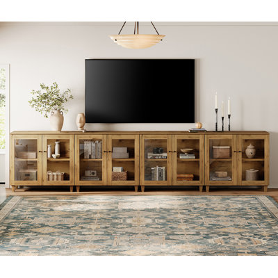 Meuble télé 4 en 1 avec portes en verre, console multimédia avec tablettes réglables et gestion des câbles