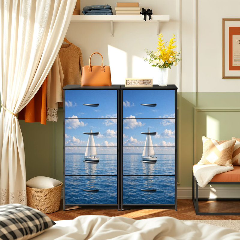 Commode pour chambre à coucher avec 4 tiroirs de rangement Voilier Calm Ocean Clear Blue Skies Fluffy Clouds Commodes